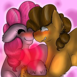 Size: 894x894 | Tagged: safe, artist:xxtwiistedraiinbowz, cheese sandwich, pinkie pie, g4, blushing, female, heart, male, ship:cheesepie, shipping, smiling, straight