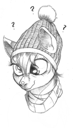 Size: 389x684 | Tagged: safe, artist:derp-my-life, derpy hooves, pegasus, pony, g4, bust, clothes, cute, derp, derpabetes, ear fluff, female, hat, mare, monochrome, nose wrinkle, question mark, scarf, scrunchy face, smiling, snowflake, solo, traditional art, tuque, wavy mouth