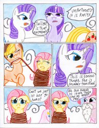 Size: 785x1017 | Tagged: safe, artist:the1king, applejack, fluttershy, pinkie pie, rarity, twilight sparkle, alicorn, pony, comic:fluttershy and the rainbow factory, fanfic:rainbow factory, g4, comic, female, mare, parody, roald dahl, traditional art, twilight sparkle (alicorn), willy wonka and the chocolate factory