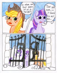 Size: 787x1016 | Tagged: safe, artist:the1king, applejack, rarity, twilight sparkle, alicorn, pony, comic:fluttershy and the rainbow factory, fanfic:rainbow factory, g4, comic, female, mare, parody, roald dahl, traditional art, twilight sparkle (alicorn), willy wonka and the chocolate factory