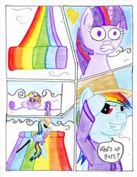Size: 787x1015 | Tagged: safe, artist:the1king, applejack, rainbow dash, rarity, twilight sparkle, alicorn, pony, comic:fluttershy and the rainbow factory, fanfic:rainbow factory, g4, comic, female, mare, parody, roald dahl, traditional art, twilight sparkle (alicorn), willy wonka, willy wonka and the chocolate factory