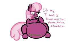 Size: 1280x806 | Tagged: dead source, safe, artist:zeldafan777, cheerilee, earth pony, pony, g4, adorafatty, belly, big belly, chubbilee, chubby cheeks, fat, female, mare, not vore, obese, overeating, overweight, simple background, solo, stomach noise, stuffed, stuffing, weight gain, white background