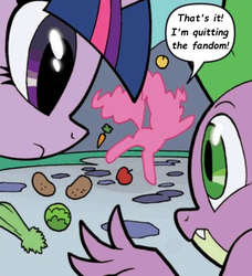 Size: 339x372 | Tagged: safe, edit, idw, pinkie pie, spike, twilight sparkle, dragon, pony, g4, spoiler:comic, apple, carrot, female, food, leaving the fandom, male, mare, meme, potato