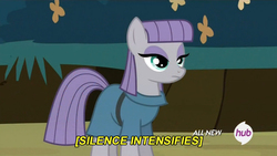 Size: 844x475 | Tagged: safe, edit, edited screencap, screencap, maud pie, g4, maud pie (episode), caption, descriptive noise, female, hub logo, meme, solo, text, x intensifies