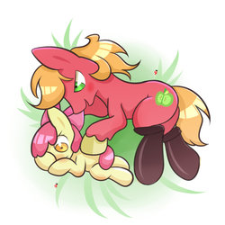 Size: 1024x1024 | Tagged: safe, artist:joycall6, apple bloom, big macintosh, earth pony, pony, g4, blushing, butt, cute, fireproof boots, implied foalcon, implied incest, lying, male, molestation, on side, personal space invasion, plot, ship:macbloom, shipping, stallion, straight