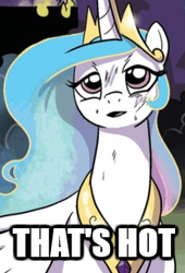 Size: 207x305 | Tagged: safe, artist:amy mebberson, edit, idw, official comic, princess celestia, alicorn, pony, g4, micro-series #8, my little pony micro-series, bedroom eyes, bust, female, image macro, meme, open mouth, reaction image, smiling, solo, sweat