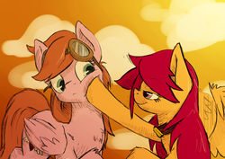 Size: 1280x905 | Tagged: safe, artist:fiddlearts, artist:php131, jetstream, scootaloo, pegasus, pony, g4, bedroom eyes, boop, chest fluff, collaboration, collar, colored, eye contact, female, frown, goggles, jetloo, lesbian, lesboloo, smiling, squishy cheeks