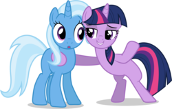 Size: 2000x1264 | Tagged: safe, artist:shutterflyyay, screencap, trixie, twilight sparkle, pony, unicorn, g4, magic duel, .svg available, animation error, bedroom eyes, bipedal, bipedal leaning, duo, female, leaning, mare, simple background, transparent background, unicorn twilight, vector