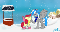 Size: 6000x3200 | Tagged: safe, artist:cwossie, apple bloom, oc, g4, boots, clothes, scarf, snow, snowfall, snowpony, wishing well