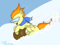 Size: 1024x768 | Tagged: safe, spitfire, g4, clothes, female, goggles, scarf, sledding, snow, solo, winter, wonderbolts