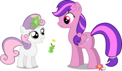 Size: 3000x1742 | Tagged: safe, artist:katequantum, sweetie belle, oc, oc:moonlight blossom, pegasus, pony, unicorn, g4, duo, flower, magic, simple background, transparent background