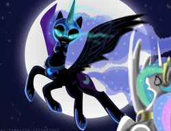 Size: 2980x2276 | Tagged: safe, artist:helenasherzblut, nightmare moon, princess celestia, alicorn, pony, g4, duo, female, flying, glowing eyes, high res, mare, moon, night, stars