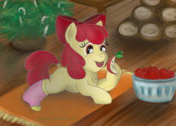 Size: 3200x2290 | Tagged: safe, artist:cwossie, apple bloom, earth pony, pony, g4, apple, candy cane, carpet, christmas, christmas tree, clothes, female, filly, foal, high res, socks, solo, tree