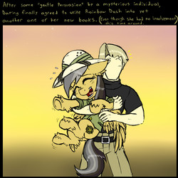 Size: 950x950 | Tagged: safe, artist:ichibangravity, daring do, oc, oc:anon, human, g4, crying, duo, ear fluff, laughing, tears of laughter, tickling, unshorn fetlocks