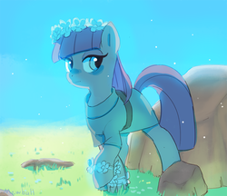 Size: 900x779 | Tagged: safe, artist:mewball, maud pie, earth pony, pony, g4, maud pie (episode), clothes, cute, female, floral head wreath, flower, lidded eyes, mare, maudabetes, rock, signature, solo, wreath