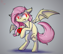 Size: 1619x1407 | Tagged: safe, artist:suplolnope, fluttershy, bat pony, g4, apple, bipedal, blushing, female, flutterbat, glowing, glowing eyes, gray background, simple background, spread wings, wings