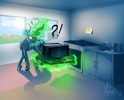 Size: 3904x3144 | Tagged: safe, artist:alumx, queen chrysalis, changeling, changeling queen, g4, chef's hat, computer, cooking, female, flower, hat, high res, indoors, kitchen, magic, monitor, plate, sink, sky, solo, stove, wat, window