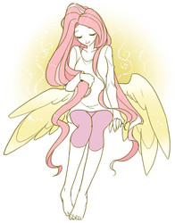 Size: 600x766 | Tagged: safe, artist:pasikon, fluttershy, human, g4, barefoot, eyes closed, feet, female, humanized, sitting, smiling, solo, spread wings, winged humanization