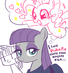 Size: 1023x1093 | Tagged: safe, artist:momo, maud pie, pinkie pie, twilight sparkle, earth pony, pony, unicorn, g4, maud pie (episode), clothes, cute, diapinkes, female, looking at you, mare, maudabetes, open mouth, scene interpretation
