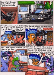 Size: 1359x1895 | Tagged: safe, artist:newyorkx3, flash sentry, spike, twilight sparkle, oc, oc:tommy, alicorn, dragon, human, pony, comic:twilight and the big city, g4, cadillac, car, comic, female, male, mare, non-mlp oc, self insert, traditional art, twilight sparkle (alicorn)