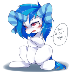 Size: 900x895 | Tagged: safe, artist:hua, dj pon-3, vinyl scratch, pony, unicorn, ask trolltavia, g4, blushing, clothes, crossed hooves, ear socks, female, horn, horn sock, socks, solo, stockings, tumblr, you're doing it wrong