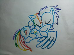 Size: 1024x768 | Tagged: safe, artist:smkorea, rainbow dash, soarin', g4, female, male, ship:soarindash, shipping, snuggling, straight, trace, traditional art