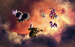 Size: 1920x1200 | Tagged: safe, artist:seyllah, derpy hooves, dinky hooves, gilda, pinkie pie, oc, griffon, pegasus, pony, g4, balloon, cloud, cloudy, color porn, female, flying, mare, white wishes, winterwing