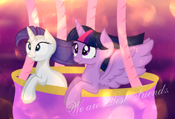 Size: 2000x1360 | Tagged: safe, artist:scater-ring, rarity, twilight sparkle, alicorn, pony, g4, female, flying, hot air balloon, mare, twilight sparkle (alicorn), twinkling balloon