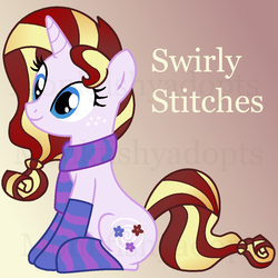 Size: 1116x1118 | Tagged: safe, artist:monkfishyadopts, oc, oc only, oc:swirly stitches, pony, unicorn, adoptable, artweaver, clothes, gradient background, ms paint, scarf, socks, solo, striped socks