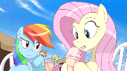 Size: 960x540 | Tagged: safe, artist:deannart, artist:nekokevin, edit, fluttershy, rainbow dash, pegasus, pony, g4, animated, blinking, drink, duo, duo female, eyes closed, female, frame by frame, ice cream, licking, mare, open mouth, sitting, sky, smiling, suggestive eating, tongue out