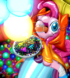 Size: 637x712 | Tagged: safe, artist:frist44, pinkie pie, earth pony, pony, g4, ball, ball pit, balloon, clothes, crossover, cute, diapinkes, dress, female, god tier, hero of light, homestuck, hood, light, maid of light, mare, party cannon, ponystuck, rock candy, slide, solo, tongue out, wink
