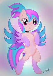 Size: 1147x1636 | Tagged: safe, artist:exori, oc, oc only, oc:shiny dawn, pony, bipedal, choker, colored wings, cute, gradient background, gradient hooves, gradient wings, heterochromia, smiling, solo, spread wings
