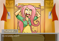 Size: 1100x776 | Tagged: safe, artist:php52, fluttershy, human, g4, ace attorney, breakdown, courtroom, crossover, dialogue, female, humanized, phoenix wright, solo