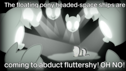 Size: 5333x3000 | Tagged: safe, artist:pirill, fluttershy, filli vanilli, g4, .ai available, fear, floating head, high res, image macro, laughing, meme, nightmare fuel, panic attack, scared, spaceship, spotlight, stage fright, text edit, vector