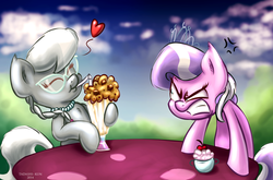 Size: 1200x792 | Tagged: safe, artist:tadashi--kun, diamond tiara, silver spoon, g4, pinkie pride, glasses, heart, jealous, milkshake, scene interpretation