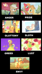 Size: 1226x2146 | Tagged: safe, applejack, big macintosh, cherry berry, fluttershy, earth pony, pegasus, pony, g4, apple, brother and sister, female, food, male, mare, seven deadly sins, siblings, sin of envy, sin of gluttony, sin of greed, sin of lust, sin of pride, sin of sloth, sin of wrath, stallion