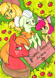 Size: 600x854 | Tagged: safe, artist:reaperfox, apple bloom, applejack, big macintosh, granny smith, earth pony, pony, g4, male, stallion, traditional art