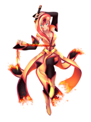 Size: 922x1229 | Tagged: safe, artist:yatonokami, sunset shimmer, human, equestria girls, g4, alternative cutie mark placement, breasts, burning clothes, cleavage, commission, cutie mark, fantasy class, female, fire, humanized, pyromancy, rpg, simple background, solo, transparent background, weapon, whip