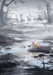 Size: 2480x3508 | Tagged: safe, artist:cmaggot, angel bunny, fluttershy, pegasus, pony, rabbit, g4, animal, fog, high res, in the distance, scenery, scenery porn, snow, swamp, tree