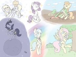 Size: 1280x960 | Tagged: safe, artist:zokkili, angel bunny, carrot top, coco pommel, derpy hooves, fluttershy, golden harvest, princess luna, rarity, earth pony, pony, g4, bipedal, carrot, cute, filly, gardening, moon, muffin, sketch dump, tangible heavenly object, woona