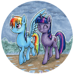 Size: 686x687 | Tagged: safe, artist:choedan-kal, rainbow dash, twilight sparkle, g4, covering, female, lesbian, rain, ship:twidash, shipping, spread wings, traditional art, wings