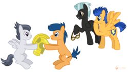 Size: 9600x5400 | Tagged: safe, artist:flashlighthouse, first base, flash sentry, rumble, thunderlane, earth pony, pegasus, pony, g4, absurd resolution, argument, brothers, colt, goggles, helmet, male, simple background, stallion, vector, white background