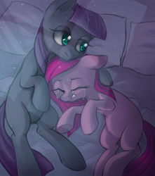 Size: 670x759 | Tagged: safe, artist:ls_skylight, maud pie, pinkie pie, earth pony, pony, g4, bed, comforting, crying, equestria's best big sister, pinkamena diane pie, sad, solace, when she doesn't smile