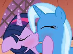 Size: 901x669 | Tagged: safe, artist:the smiling pony, trixie, twilight sparkle, pony, unicorn, g4, duo, female, kiss on the lips, kissing, lesbian, ship:twixie, shipping, vector