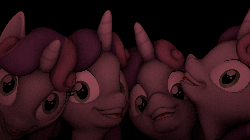 Size: 1280x720 | Tagged: safe, artist:fruitymilk, sweetie belle, g4, 3d, animated, clone, female, grin, looking at you, multeity, nightmare fuel, smiling, source filmmaker, sweetiboos, tongue out, vibrating, wat, wide eyes