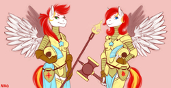 Size: 1280x658 | Tagged: safe, artist:nikko, oc, oc only, oc:lotus heat, oc:petal spark, armor, female, guardsmare, hammer, mare, royal guard, spear, twins, wings