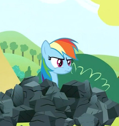 Size: 525x557 | Tagged: safe, screencap, rainbow dash, g4, maud pie (episode), female, rock, solo