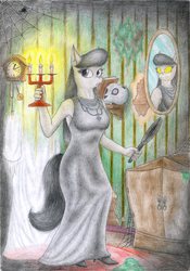 Size: 1634x2329 | Tagged: safe, artist:sinaherib, octavia melody, earth pony, anthro, g4, candle, clothes, dress, female, haunted house, high heels, mirror, shoes, solo, spider web, spooky, traditional art