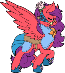 Size: 583x649 | Tagged: safe, artist:baka, oc, oc only, oc:berry sweet, pegasus, pony, armor, bridle, eyes closed, female, flat colors, hibiscus, mare, raised hoof, request, rose, saddle, simple background, solo, spread wings, tack, transparent background, wings