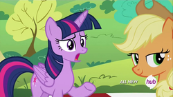 Size: 1920x1080 | Tagged: safe, screencap, applejack, twilight sparkle, alicorn, pony, g4, maud pie (episode), my little pony: friendship is magic, all new, female, hub logo, lidded eyes, mare, out of context, twilight sparkle (alicorn)